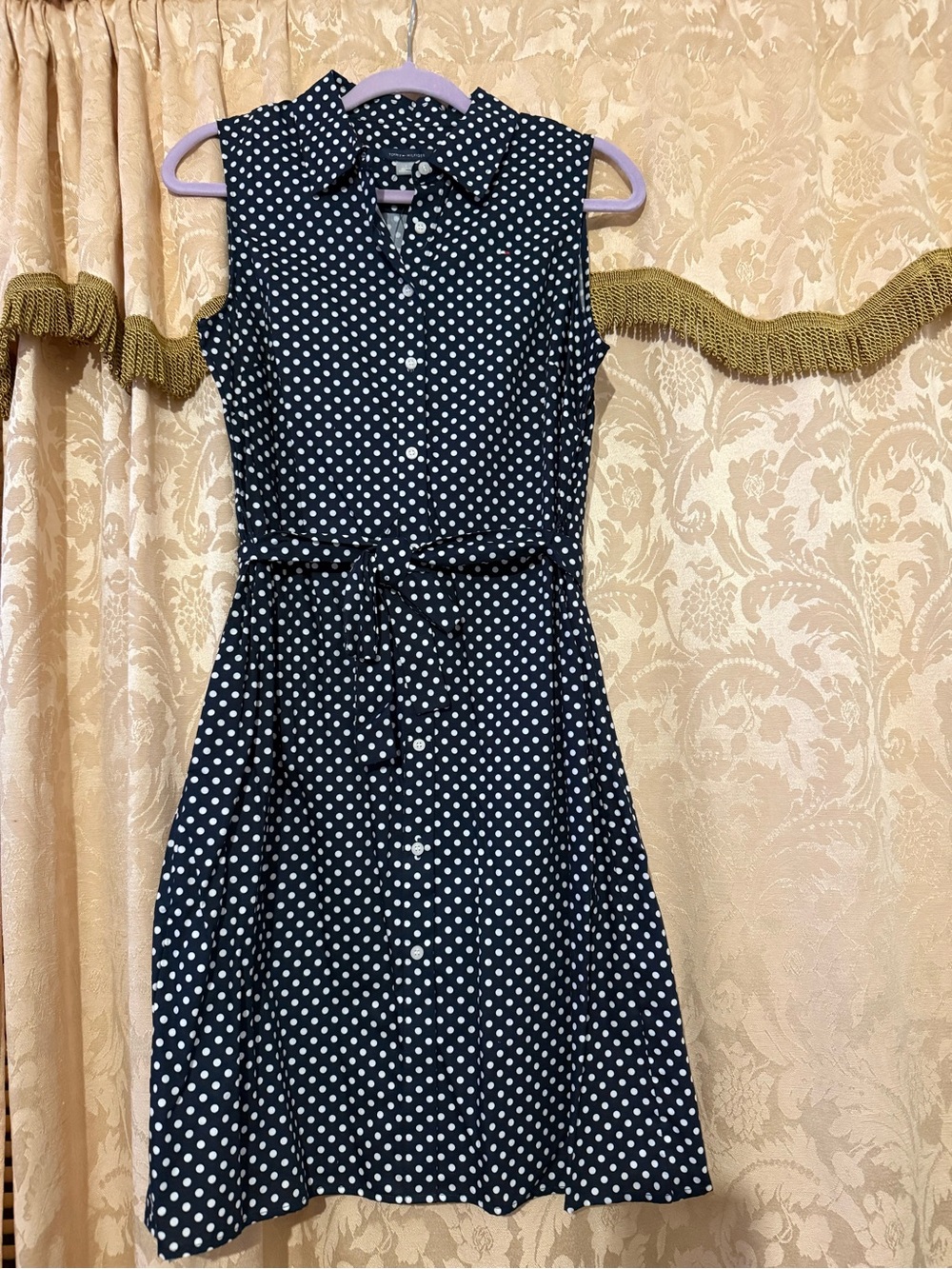 Tommy Hilfiger Navy and White Polka Dot Sleeveless Midi Shirt Dress